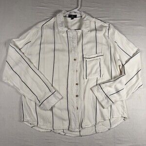 Velvet Heart Linen Blend Shirt Womens XL White Navy Striped Button Down Pocket